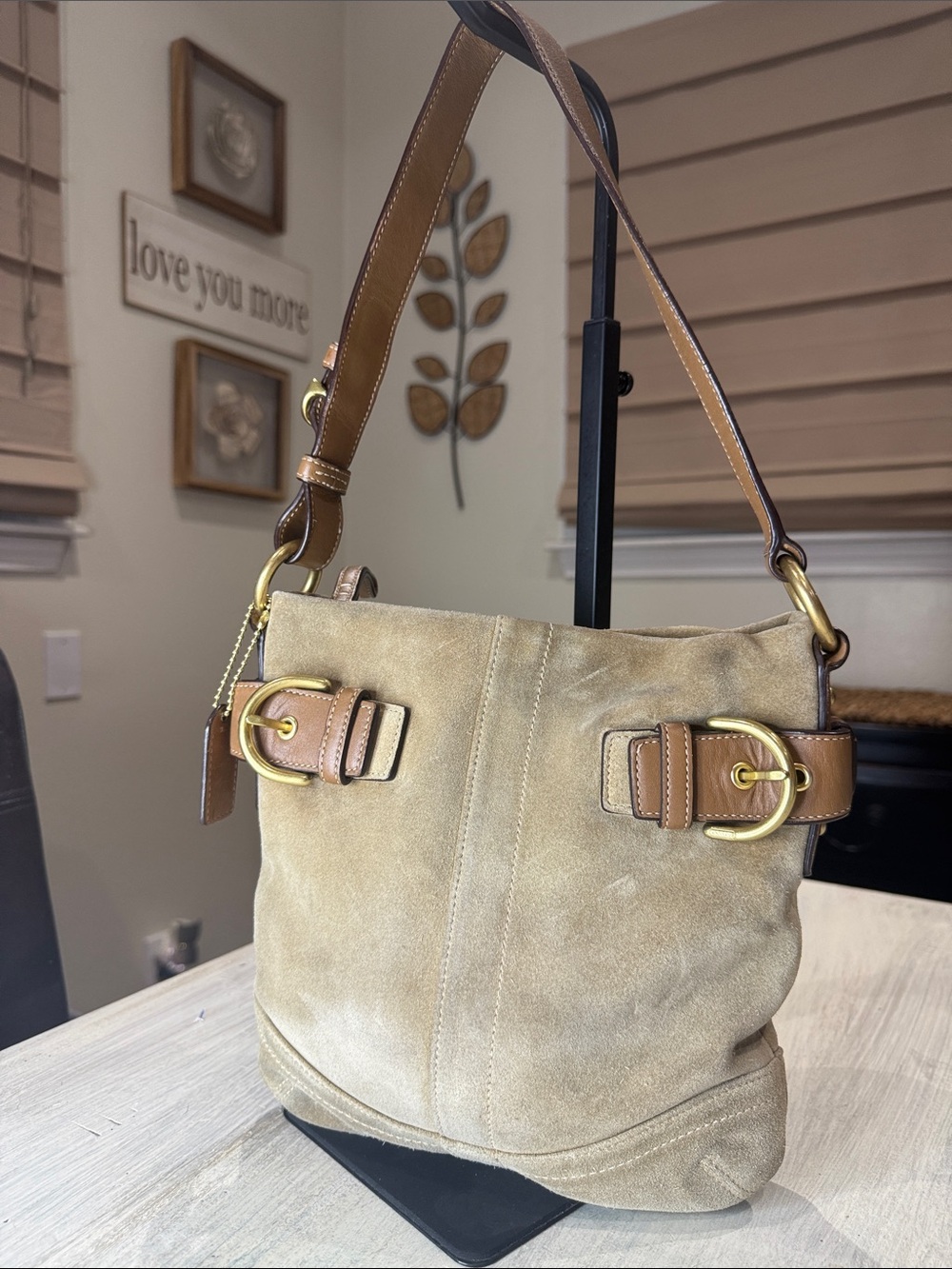Vintage Y2K CoachTan Suede Bucket Hobo with Brown Leather Trim & Gold Hardware